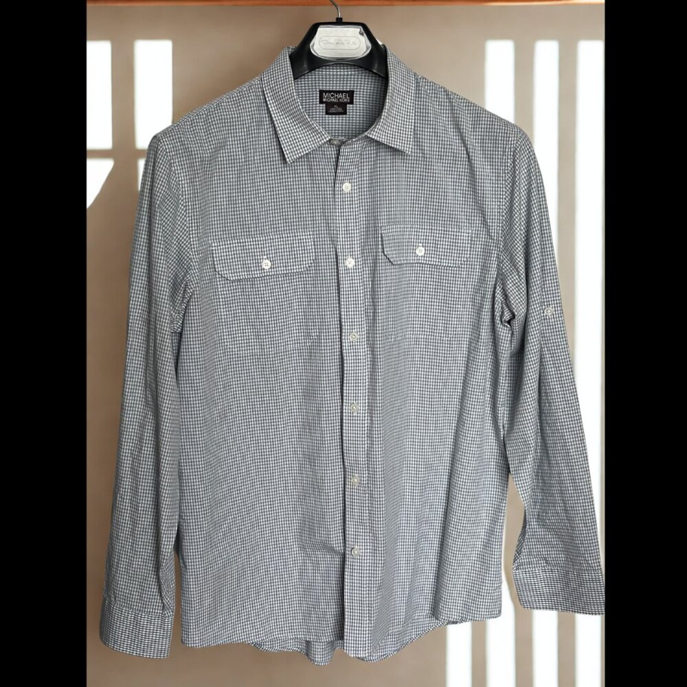 Michael Kors Shirt Mens Long Sleeve Button Down Gray White Checked XL